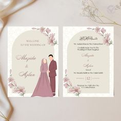 the wedding card is decorated with flowers and an image of a man and woman standing next to each other