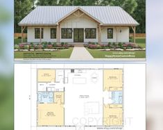 the floor plan for this small house is shown in two different colors and features an attached garage