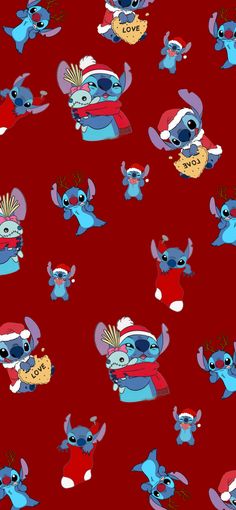 a red background with blue stitchers and christmas characters on it, all wearing santa hats