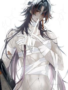 an anime character with long hair and no shirt, holding a black bag in her hand