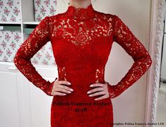 Red wedding dress with illusion aspects, long sleeves and turtle neckline in couture Brussels lace. The dress is made in a couture European atelier!  #reddress #shortdress #couturedress #lacedress #st.valentine Elegant Red Lace Evening Dress, Fitted Red Lace Evening Dress, Red Fitted Lace Evening Dress, Red Fitted Lace Prom Dress, Elegant Red Lace Dress For Prom, Wedding Guest Dress Floral, Lace Dress Formal, Red Lace Wedding Dress, Brussels Lace