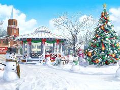 a christmas scene with snowmen and a gazebo