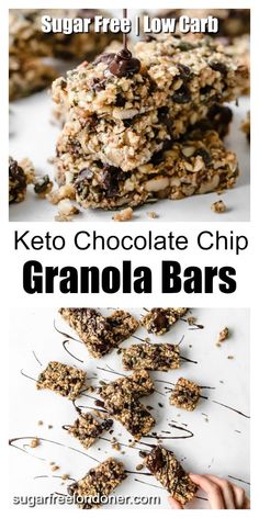 chocolate chip granola bars stacked on top of each other with text overlay that reads, keto chocolate chip granola bars