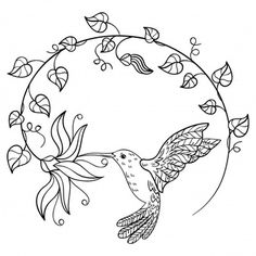 a hummingbird flying through a circular frame with leaves and flowers on it's wings