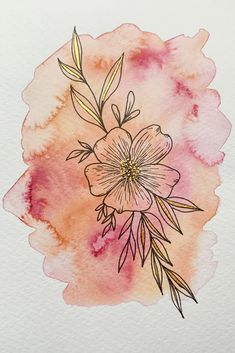 a watercolor drawing of a flower on a white paper with pink and yellow colors