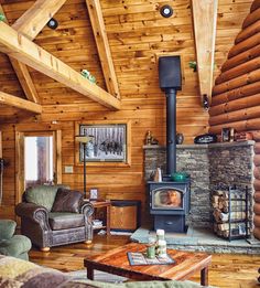 a living room filled with furniture and a wood burning stove in the middle of it