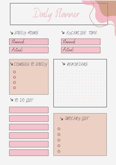 the daily planner is shown in pink and white with an arrow pointing to it's left