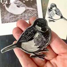 a hand holding a small bird on top of a table next to two pictures with birds on them