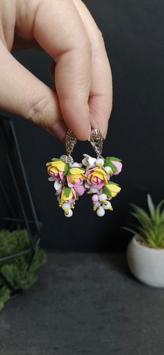 Woodland Jewelry, Earrings Flower, Flower Jewelry, Floral Jewellery, Cluster Earrings, Pink Earrings, Earrings Statement, Etsy Earrings Dangle, Rose Earrings