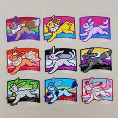 six different colored patches with cartoon animals on them, all in the same color and size