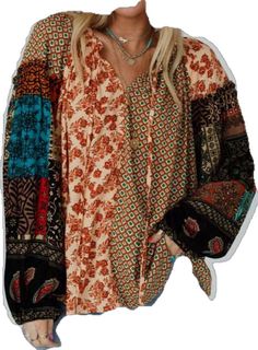 Fall Bohemian V-neck Blouse, Bohemian V-neck Blouse With Boho Print, Summer Bohemian V-neck Blouse, Bohemian V-neck Blouse For Day Out, Bohemian V-neck Peasant Top With Floral Print, Casual Beach Patchwork Top, Casual Summer Patchwork Blouse, Multicolor Patchwork Blouse For Vacation, Relaxed Fit Long Sleeve Top For Beach Cover-up