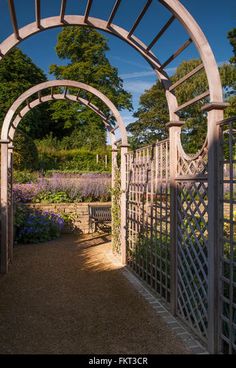 an arch in the middle of a garden with purple flowers on either side and blue sky above