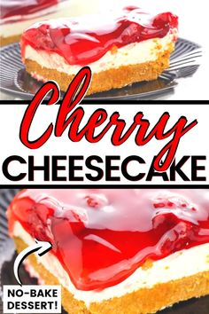 the cheesecake is topped with cherries and drizzled in red sauce