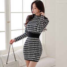 Autumn and Winter New Style Celebrity Fashion Half High Collar Thousand Bird Check Slim Slim Wrap Hip Pencil Dress Grid Dress, Pleated Shirt Dress, Floral Dress Casual, Mock Neck Long Sleeve, Womens Pencil Skirts, Long Jumpsuits, Turtle Neck Dress, Slim Dresses, Print Dresses