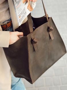 Brown Leather Tote Leather Tote Bag Pull up leather tote | Etsy Handmade Leather Tote Bag, Handmade Leather Tote, Tote Bag With Zipper, Tote Bag With Pockets, Brown Leather Tote Bag, Leather Tote Bag Women, Brown Tote Bag, Large Leather Tote Bag, Brown Leather Totes