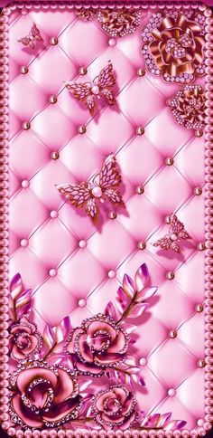 a pink background with flowers and butterflies in the center, on top of a diamond quilt