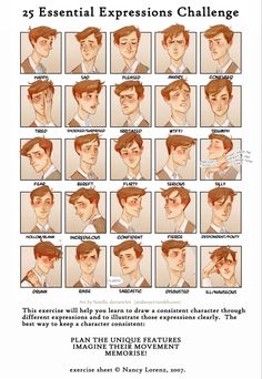 a poster with many different expressions on the same person's face and head, including one