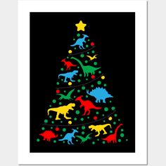 a christmas tree with dinosaur silhouettes and stars on the top, against a black background