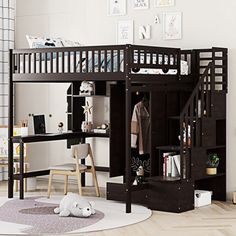 a loft bed with desk underneath it in a child's bedroom or playroom