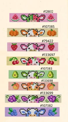 a cross stitch pattern with numbers and fruits on the side, all in different colors