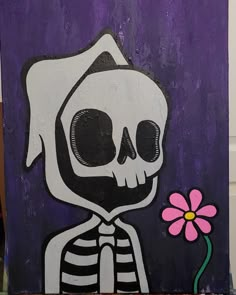 a painting of a skeleton holding a flower on a purple background with black and white stripes