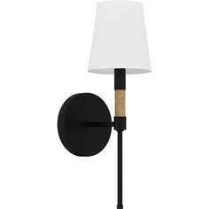 a black wall light with a white shade on the side and a wooden stick attached to it