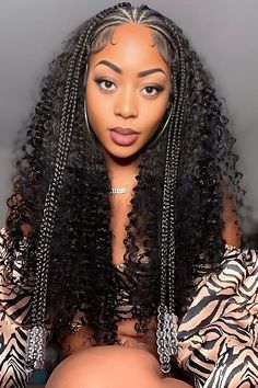 Beaded Fulani Braids With Curly Weave Braids With Curly Weave, Half Cornrows Half Curly Weave, Curly Weave Styles, Fulani Braids With Beads, Braids Weave, Weave Ideas, Half Cornrows, Half Braid, Curly Weave