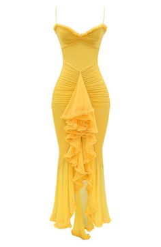 Feel your most striking in this dramatic cocktail dress featuring a waterfall of fluttery ruffles down the front and a signature powermesh lining for lots of support. Exclusive retailer Hidden back-zip closure Sweetheart neck Adjustable straps Powermesh lining 85% polyamide, 15% elastane with 100% polyester contrast Dry clean Imported House Of Cb Yellow Dress, Birthday Dress Elegant, Alex Isley, Style Language, Combo Outfits, High Low Cocktail Dress, Braces Colors, House Of Cb Dresses, High Low Maxi Dress