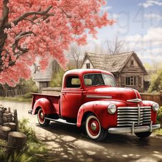 an old red truck is parked in front of a tree with blossoming pink flowers