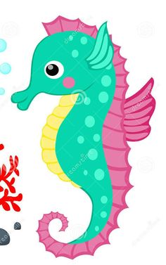 a sea horse and coral reef with bubbles in the water on a white background stock photo