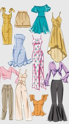 a bunch of different types of dresses and pants