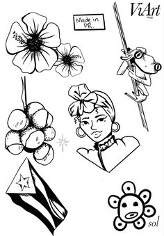 some flowers and other things that are drawn in black and white on a sheet of paper