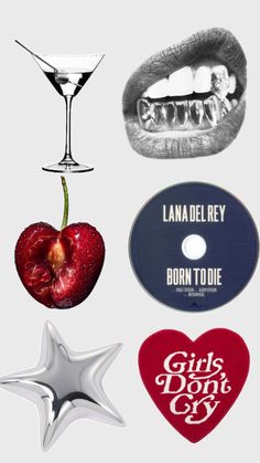 various cd's and stickers are arranged on a white background, including an apple