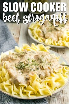 slow cooker beef stroganoni recipe on a plate with the title above it