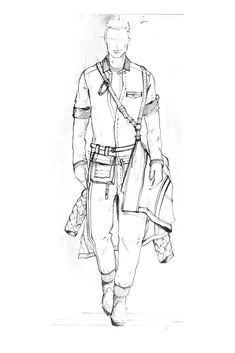 a drawing of a man walking down the street wearing an army uniform and carrying a bag