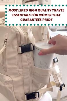 a woman is holding a coffee cup in her hand with the words most liked high quality travel essentials for women that guarantes pride