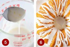 two pictures showing how to make a bundt cake with white icing and orange glaze