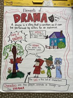 a piece of paper taped to the side of a bulletin board that says elements of drama