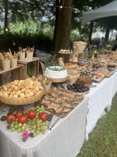 an outdoor buffet table filled with lots of food