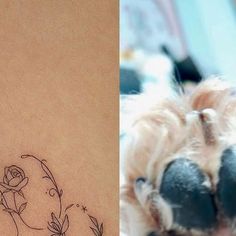 two pictures one with a dog's paw and the other with a rose tattoo on it