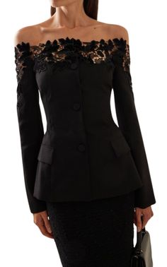 Incorporating an off-the-shoulder design, Oscar de la Renta's wool jacket features intricate floral detailing made of luxurious velvet guipure-lace at the neckline. The jacket also includes long sleeves with button cuffs. Waist flap pockets Button-front closures Material: 100% Virgin WoolCombination: 100% polyester Lining: 100% silk Dry clean Made in Italy Long Sleeve Lace Blazer For Spring, Formal Fitted Lace Blazer, Elegant Long Sleeve Blazer With Lace Trim, Fitted Formal Outerwear With Lace Trim, Formal Fitted Outerwear With Lace Trim, Elegant Lace Trim Blazer For Spring, Elegant Party Outerwear With Lace Trim, Formal Fitted Lace Outerwear, Formal Lace Outerwear For Fall