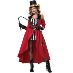 a woman in a red coat and top hat holding an umbrella while standing on a white background