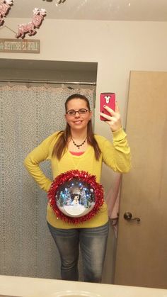 Ugly "sweater" handmade snow globe! Pregnant Ugly Christmas Sweater, Ugly Sweater Baby Shower Ideas, Maternity Ugly Christmas Sweater, Pregnancy Christmas Announcement, Ugly Christmas Sweater Pregnant, Reindeer Ugly Sweater, Christmas Announcement, Christmas Cubicle