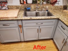 a kitchen with gray cabinets and counter tops is shown before and after remodeling