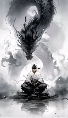 a man sitting on top of a body of water next to a black dragon in the sky