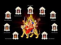 an image of the hindu god sitting on top of a golden tiger with many other images around it