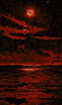 a red sky over the ocean at night with people in it and one person walking on the water