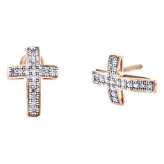 Stunning pair of studs added to our JFL Diamonds earring collection. These earrings are crafted in solid 10K Rose Gold. Radiant with 1/10 ct. t.w. of genuine diamonds, these studs are high polished for a lustrous shine. These particular studs consist of genuine Round cut white diamonds in Pave setting, making the overall appearance larger and lustrous. Screw-backs for secure wear, these earrings will make a great gift for any occasion. Cross frame give these earrings depth and makes a bold fashi Religious Cross, Diamond Cross, Earrings Collection, Diamond White, Round Diamonds, Diamond Earrings, Fine Jewelry, Great Gifts, Rose Gold