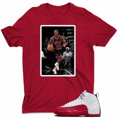 Custom Shirts to match the Jordan 12 Cherry Youth, Men Sizes, and tall. Sizing Chart is available Since all items are made to order, all sales are final. This shirt is available in kids sizes We try to ship all orders out ASAP But There is a 1-3 business day handling time. We also do special request for any hard to match sneaker you may have. Message us Red Hip Hop T-shirt With Short Sleeves, Sporty Red Shirt With Letter Print, Red Crew Neck Throwback Top, Sporty Red T-shirt With Sublimation Print, University Red Fan Apparel Tops For Streetwear, Red Relaxed Fit Hip Hop T-shirt, Red Graphic Print Throwback Top, Casual Red T-shirt For Sports, Red Throwback Top With Graphic Print