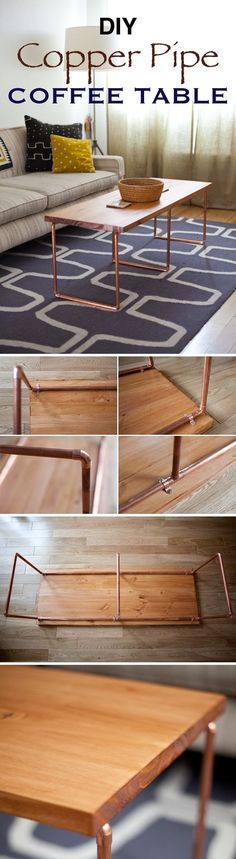 the coffee table is made out of wood and has metal legs, which are used to hold